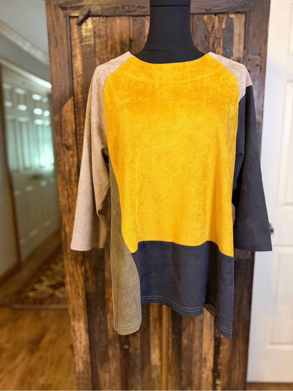 Joh Color Block Tunic Top L Mustard Taupe Black Faux Suede artsy mod statement